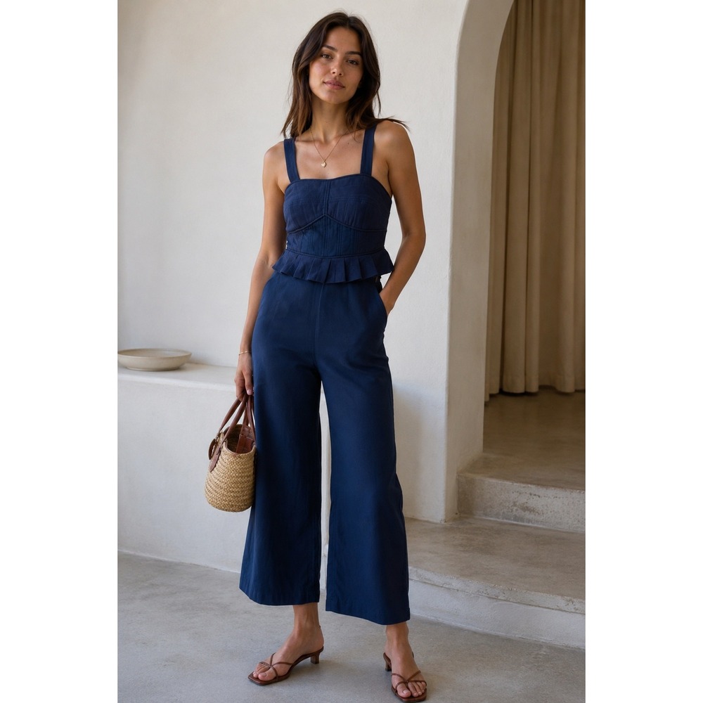 Sea New York Jumpsuit Women 2 Navy Blue Peplum Wide Leg Smocked Back Pocket